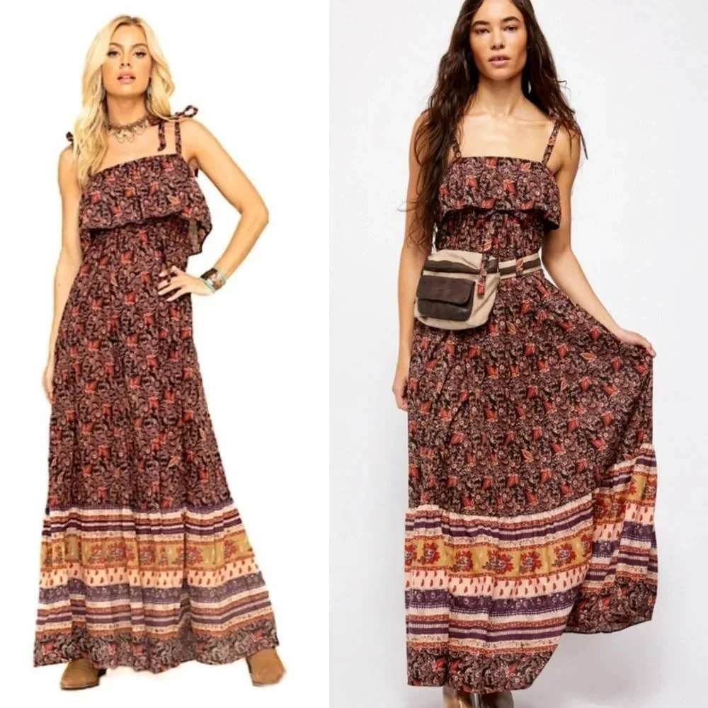 Free People Bohemian Red and Orange Maxi Dress